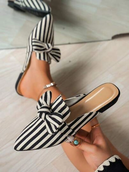 Women's Pointed Toe Bow Tie Black & White Striped Design Versatile Plus Size Flat Slippers (Run Small), Women's Lazy Loose Fashion Casual Mule Slippers For Indoor & Outdoor Wear, Spring/Autumn