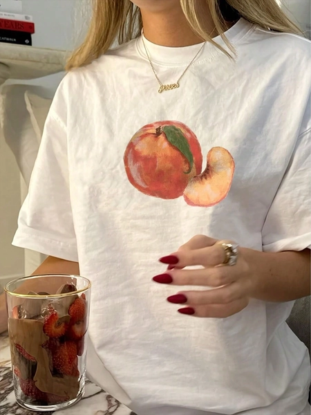 Vintage Peach Graphic Crew Neck T-Shirt For Women, Polyester Blend, Short Sleeve, Regular Length, Geometric Pattern, Knit Fabric, Casual Summer Top