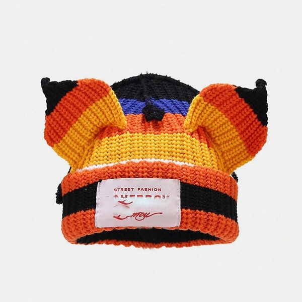 Autumn And Winter Personalized Wearing Knitted Hats For Men And Women, Cute Ear Splicing Knitted Hats For Men And Women, Contrasting Color Warm Hats