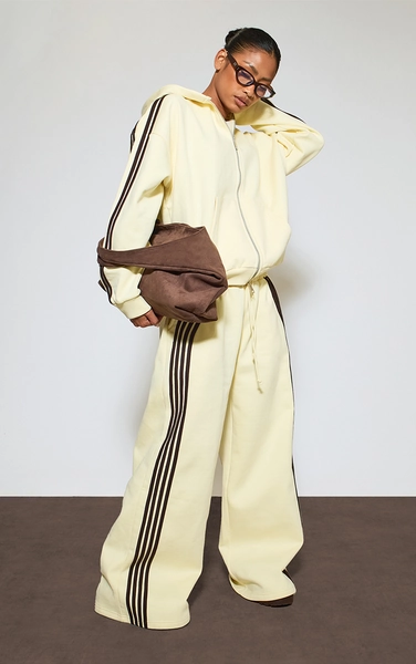 Heavyweight Mid Rise Contrast Stripe Detail Wide Leg Joggers In Yellow