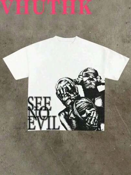 VHUTHK (200 Pure Cotton T-Shirt) 'SEE NO EVIL' Letter And Portrait Print For Men's Summer Round Neck Short Sleeved Casual Pure Cotton Print Everyday Versatile Clothes