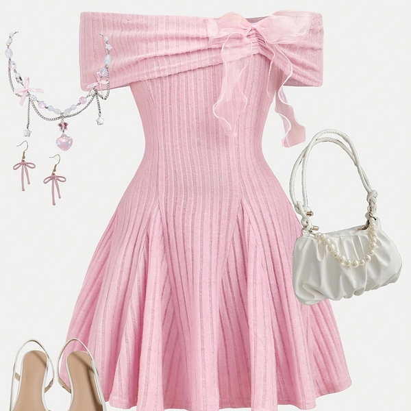 Girls' Off-Shoulder Bow Solid Color Dress, Novelty, Suitable for Spring, Summer, Autumn, Casual, Parties, Festivals