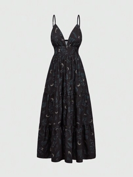 Goth Spring/Summer Plus Size Vintage Moon & Plant Full Print Camisole Dress