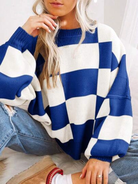 Checkered Blue Bishop Sleeve Elegant Sweater,Long Sleeve Tops
