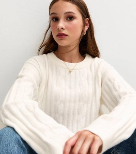 Girls Cream Slouchy Cable Knit Jumper