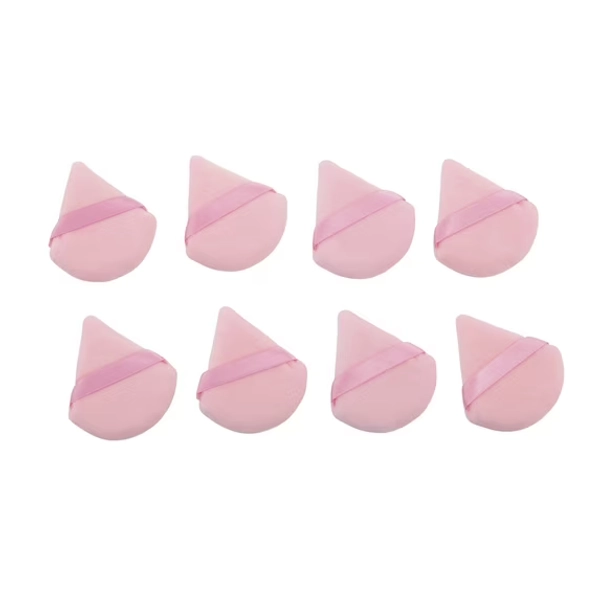Triangle Puffs 8 pack in Organizer for All Types of Makeup Removal or Application. Super Soft Puffs with Satin Ribbon Finger Hold, Pink.