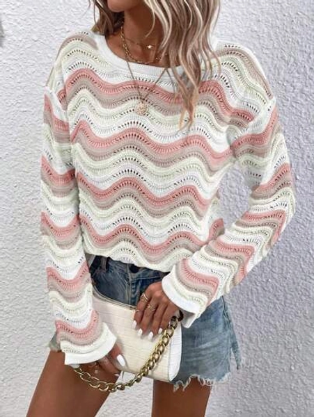 SHEIN LUNE Casual Contrast Wave Pattern Drop Shoulder Sweater, Autumn/Spring Knit Pullover Fall Winter