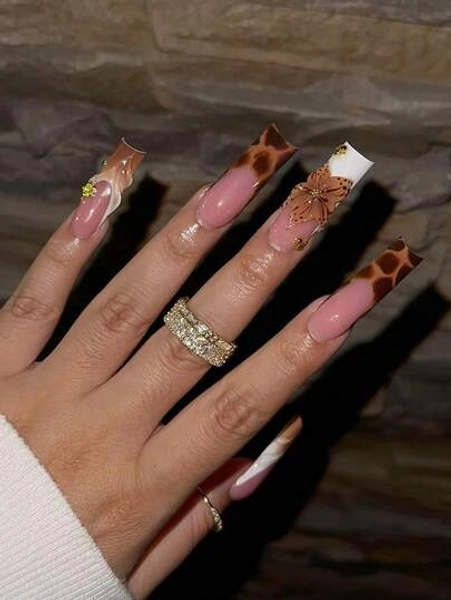 Leopard Print Nails 24PCS Long Square Press On Acrylic Nail Set, Y2K Style Brown Leopard Print Artificial Nails, Decorated With 3D Gold Shell And Gold Bead Accessories. Suitable For Nail Salons And Ladies For Daily Wear, Holiday Parties, Or As Gifts.