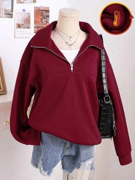 Sweetra Young Tween Girl Solid Color Drop Shoulder Long Sleeve Zip-Up Half Placket Casual Fleece Hoodie, Autumn/Winter