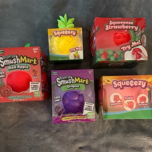 Five Below Smushmart Apple, Pineapple, Grapes, Strawberry, Peach 5 Jumbo Squishy Bundle NWT - New Toys & Collectibles