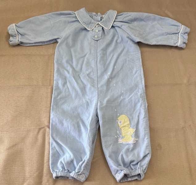 Vintage 80s Friemanit Baby Romper 1 Piece Pale Blue Duck Appliqué Corduroy 6 M