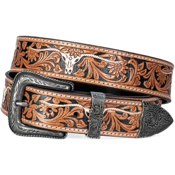 Unisex Western Leather Tooled with White Longhorn Belt