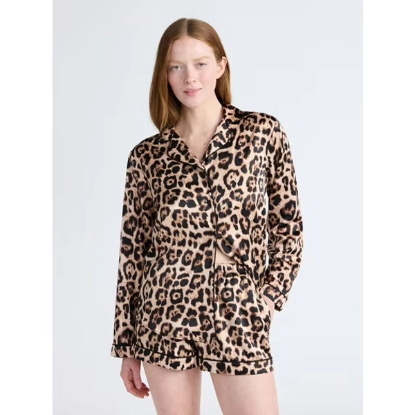 Joyspun Women’s Stretch Satin Notch Long Sleeve Top and Shorts Pajama Set, 2-Piece, Sizes XS-3X