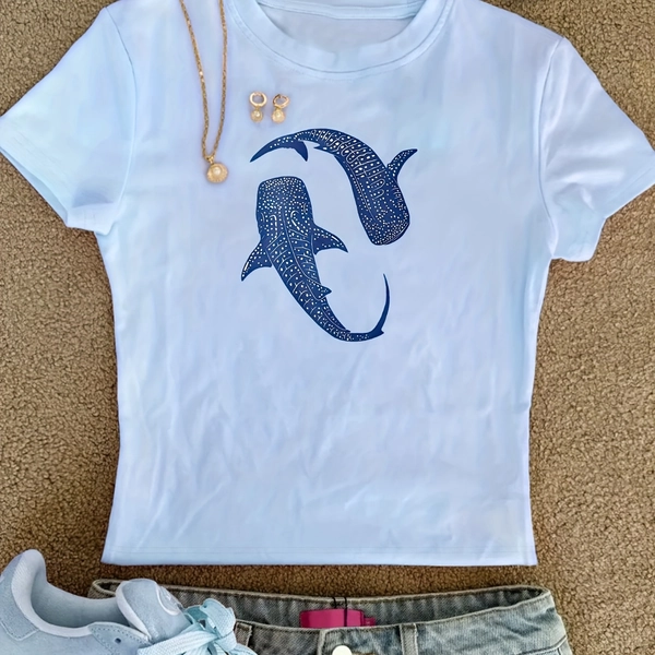 00008- Women's Bodycon Top, Creative and Fashionable Whale Shark Pattern Print, Pure Desire Korean-Style Y2K Summer Crew Neck Short Sleeve T-Shirt, Women's Clothing QHH2486