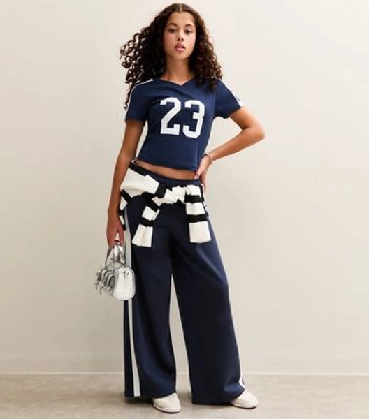 Girls Navy Contrast Trim Super Wide Leg Joggers