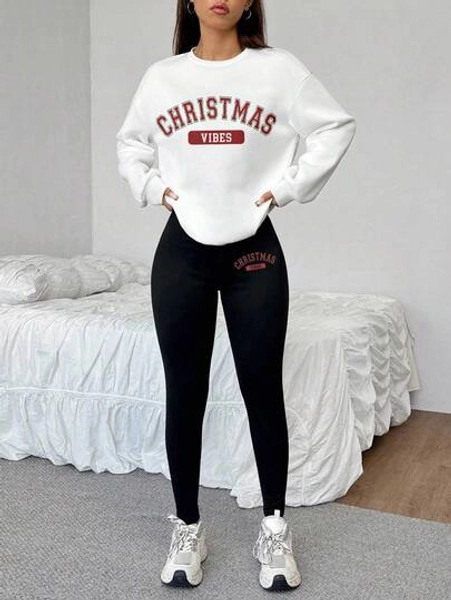 SHEIN EZwear 2pcs/Set Casual Loose Crew Neck Sweatshirt And Skinny Leggings With Christmas Pattern, Family Outfit, Merry Christmas, Cute College Style, Vintage Streetwear, Back To School, Retro Fall Women's Casual Outfits, Autumn And Winter, School Clothes, Country, Hip-Hop, Sports, Fitness, Gym Wear