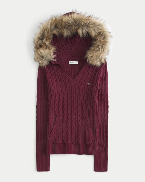 Maglione con Lavorazione a Trecce e Bordo in Pelliccia Ecologica