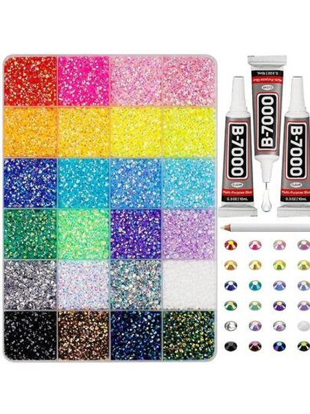 31000Pcs Rhinestones For Bedazzling, 3mm Bedazzler Kit With Flatback Rhinestones For Clothes Crafting Crafts Nails Clothing, Flat Back Resin Rainbow Colorful Colored Crystal With B 7000 Glue Clear