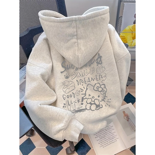 Sanrio Hello Kitty Ladies Loose Hoodie - Cute Japanese Trend Printing (Kawaii Manga Letters And Hello Kitty Face), Comfortable Autumn Smooth Fabric, Women'S Autumn, Thanksgiving Gifts, Christmas Gifts