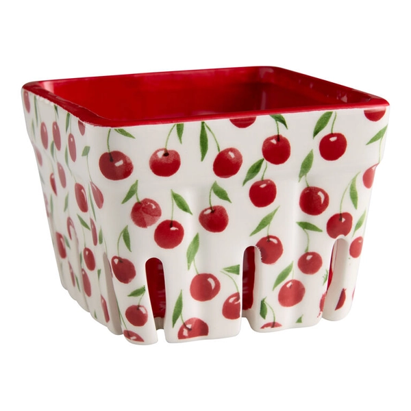 Ivory and Red Ceramic Cherry Pattern Berry Basket