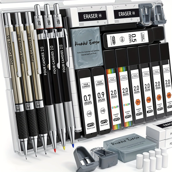 [Art Mechanical Pencil Set] 25pcs Four Candies Art Mechanical Pencil Set With Case | 3pcs Metal Artist Lead Pencil 0.5, 0.7, 0.9 Mm & 3pcs 2mm Holder (HB 2H 2B 4B Color) With 432pcs Graphite Lead Refills For Drawing Sketching