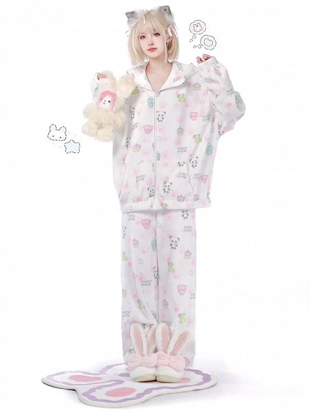 [£29.33]Panda and Puppy Print Sweet Flannel Winter Hooded Pajama Set