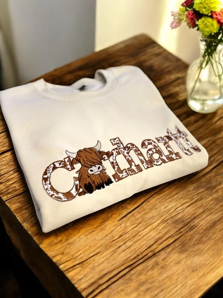 Highland Cow Western Sweatshirt – Sand or Gray | Embroidered Cowprint Letters, Glitter Applique, or Outline Lettering | Cute Cow Crewneck