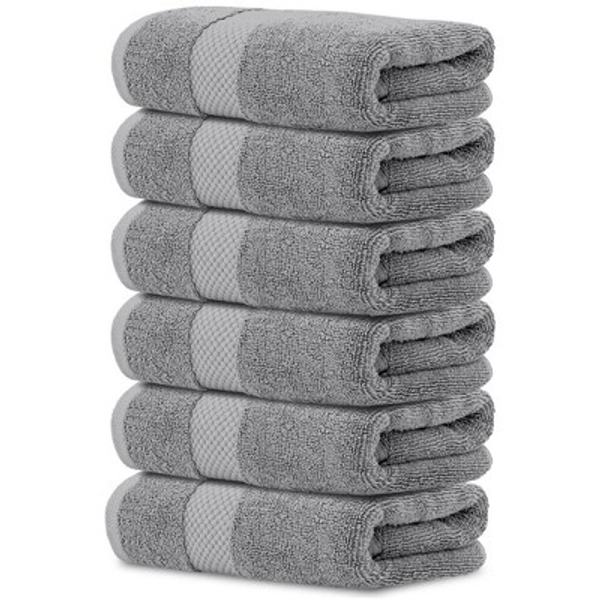 White Classic Luxury 100% Cotton Hand Towels Set of 6 - 16x30" Light-Grey