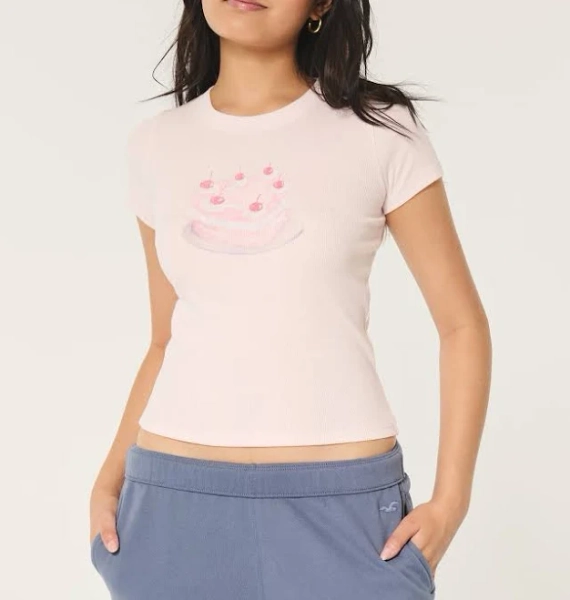 Hollister Women's Ribber Longer Length Heart Cake Graphic Baby Tee Xl