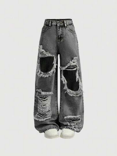 Tween Girls Y2K Summer Light Washed Cut Out Ripped Baggy Straight Leg Denim Jeans Pants,Girls Summer Beach Boho Vacation Causal Rave Concert Outfits
