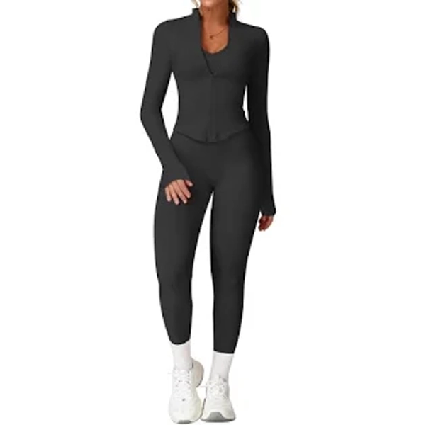 Women's 2 Piece Long Sleeve Zip Up Cropped Hidden Scrunch Leggings Workout Set