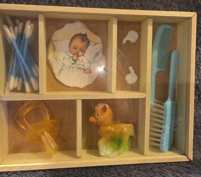 Vintage Baby Nursery Shadow Box Wall Decor Pacifier Comb Brush 1950s 1960s