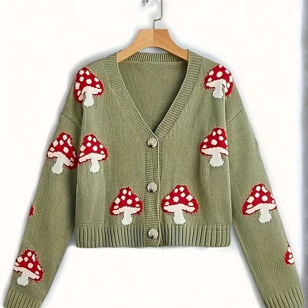 Solid Color Mushroom Embroidery Cardigan for Women, Petite Short Outerwear, Gentle Style Soft Long-Sleeve Sweater Coat, Loose Short Top, Elegant Outerwear Cardigan, In Stock