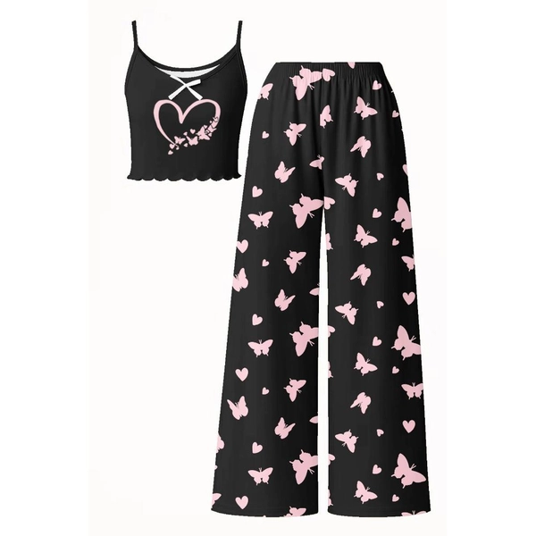 New Summer Girls' Heart and Butterfly Print Pajamas, Camisole Top + Long Pants Loungewear, Casual Cartoon Princess Style Pajama Set, Flame Retardant