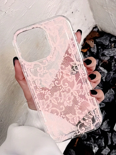 1pc Shock-Absorbing Air Cushion Transparent Pink Plaid Lace Pattern Phone Case, Personalized Protective Cover Compatible With IPhone 16 Pro Max, 17/16/15/14 Plus/13/12/11, Air, Series