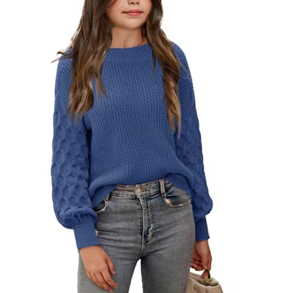 BLUEMING Girls' Chunky Ribbed Knit Sweater - Cozy Oversized Long Sleeve Pullover Sweater Top Blue S