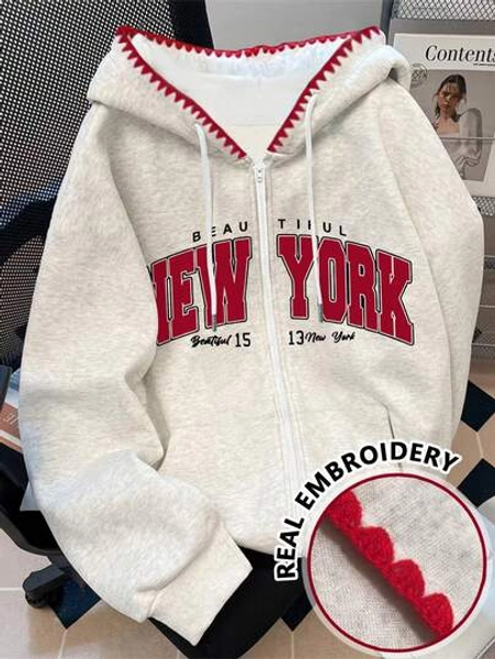 Resyla Plus Size Y2K Sweatshirt Jacket,Retro American New York Chic Black Red,Fall Winter,Casual,Bussines,Graduation,Back-To-School Fashionable Distinctive - Size 2XL