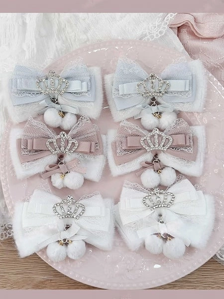[£5.86]4 Colors Jirai Kei Crown Furry Bow Lace Hair Clip with Pom-Pom Accents