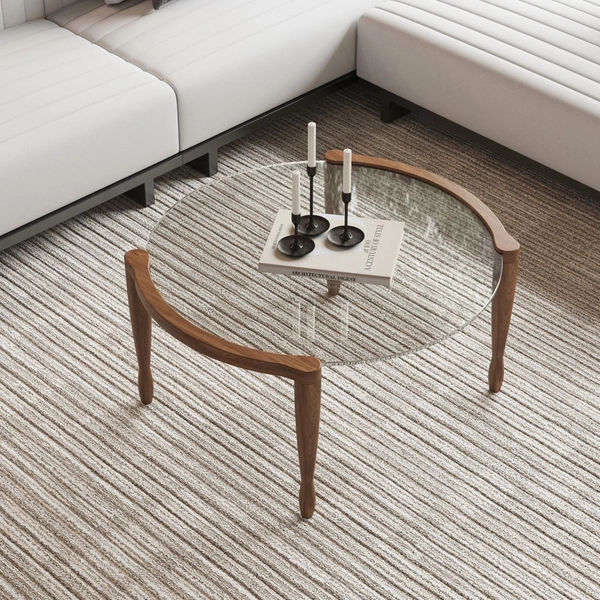 800mm Round Glass Mid Century Modern Coffee Table with Wood Legs
