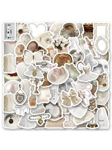 101PCS White Aesthetics Stickers Vinyl Aesthetics Stickers, Decals, Scrapbooking, Diary, Bumper, Skateboard, Water Bottle, Cartoon, Hard Hat, Car Stickers