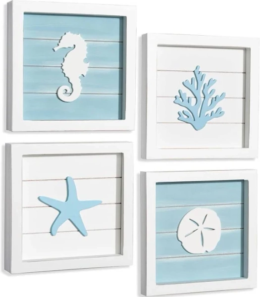 TideAndTales Ocean Beach Themed Room Decor (Framed Set of 4) Coastal 3D Wall Decor | TTMA4 | Wall Décor