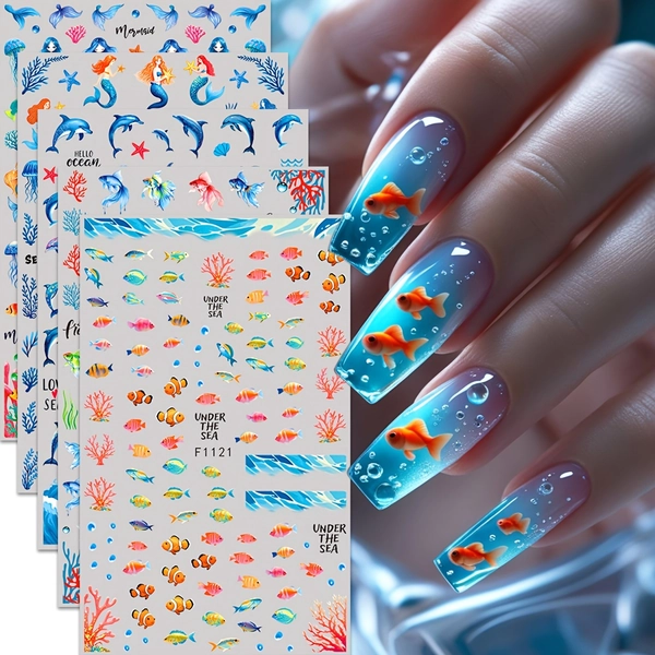 5 Sheets Ocean Jellyfish, Tropical Fish, Mermaid & Seaweed Nail Stickers - Self-Adhesive Matte Nail Decals, No Glare Marine Designs for Women, DIY Manicure/ Pedicure, Underwater Party, Vacation, Birthday Gifts - Easy Application Nail Art Decorations
