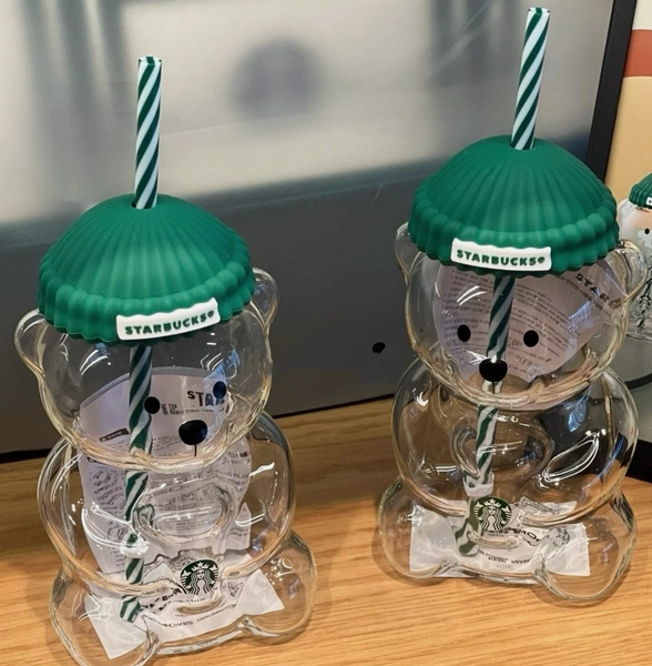 Starbucks Green Hat Barista Teddy Bear Glass Cold Cup Tumbler 2026 America 20oz
