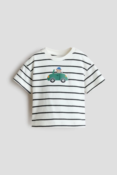 6-9 Months - H & M - Printed Cotton T-Shirt - White/Car