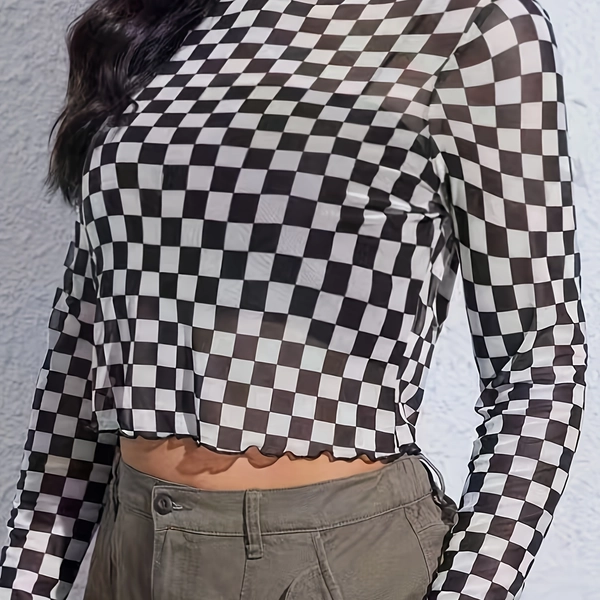 Elegant Plaid Knit T-Shirt for Women - Polyester Blend (95% Polyester, 5% Elastane), Stand Collar, Medium Stretch, Slim Fit, Long Sleeve - Spring/Fall Collection - For Fashionable Women - Perfect for Casual & Semi-Formal Occasions - Ideal Gift for Birthday & Holidays