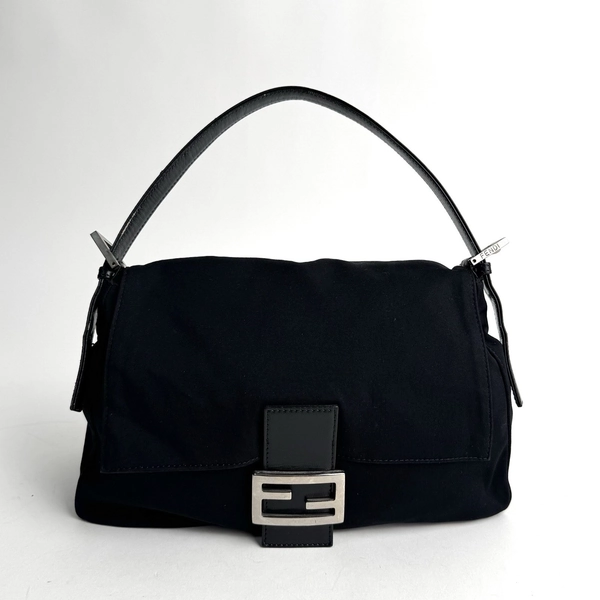 Auth Fendi Cotton Jersey Mamma Baguette FF Logo One Shoulder Bag Black Y2K