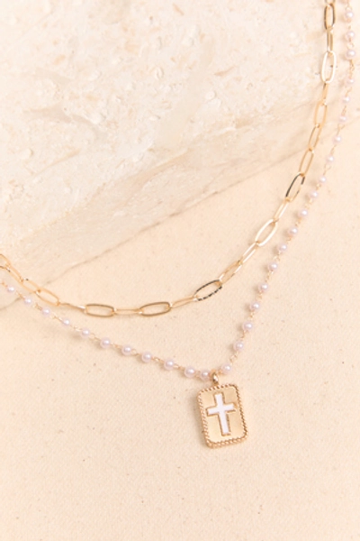 
        God Is In Control Layered Pearl Cross Necklace in Gold | Altar'd State
    