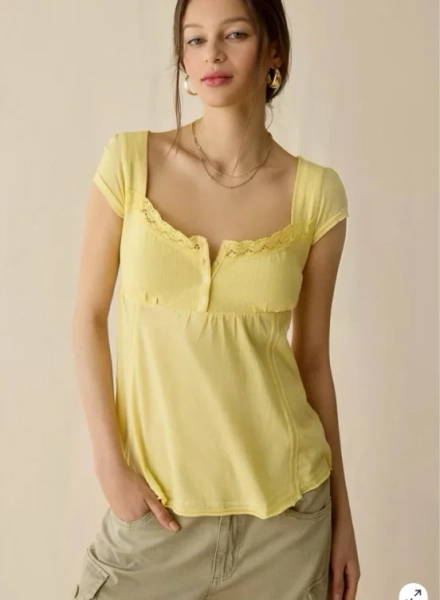 BDG Sawyer Lace Trim Short Sleeve Babydoll Top