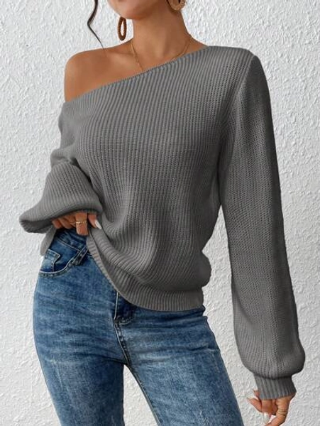 SHEIN VCAY Women Casual Solid Color Asymmetrical Neck Lantern Sleeve Ribbed Knit Sweater,Long Sleeve Tops In Fall/Winter