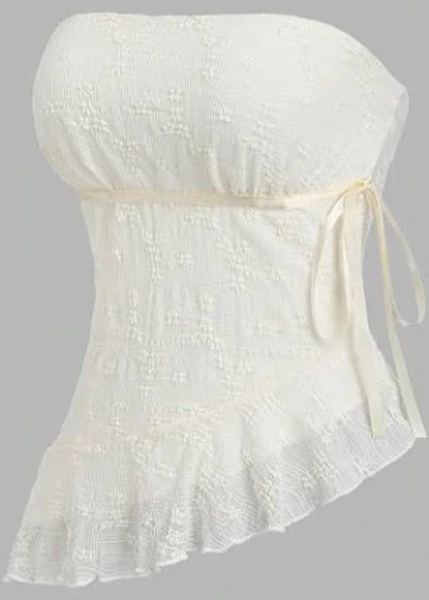 Sweetra Top Cropped Damasco Assimétrica com Laço Renda e Decote Ombro a Ombro
